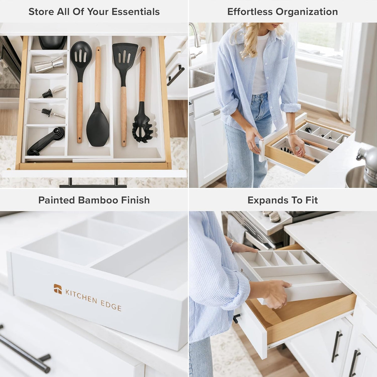 Adjustable Kitchen Drawer Organizer for Utensils and Junk, Food-Safe Contract Grade with 100% Sustainable Wood, Expandable from 10.5 to 19 Inches Wide - White Bamboo