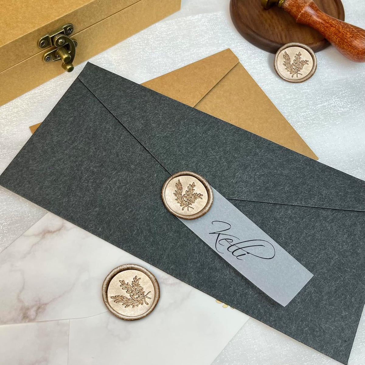 100Pcs Wax Seal Stickers Handmade Envelope Seals Self Adhesive Wax Stickers for Wedding Party Invitations, Envelope, Gift Wrap, Christmas(Rosemary Style, Champagne Gold)