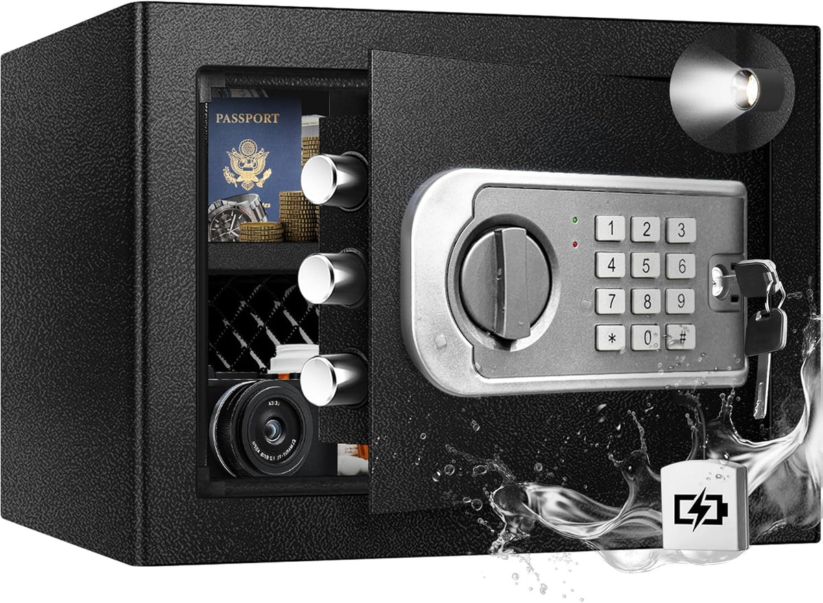 Small Safe Box for Home - 1.0 CuFt Mountable Cabinet with Motion Light & Dual Alarm, Digital Keypad & Override Key, Removable Shelf - Compact Black Safe for Cash, Jewelry, and Documents