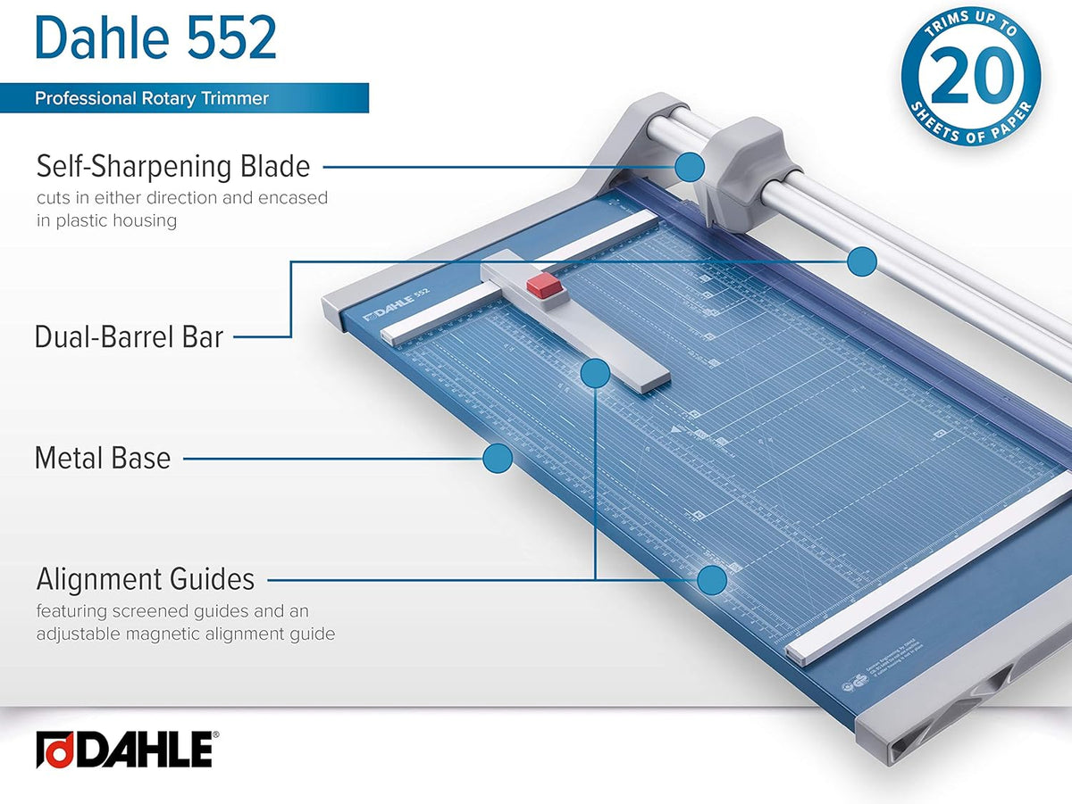 Dahle 552 Professional Rotary Trimmer, 20" Cut Length, 20 Sheet Capacity, Self-Sharpening, Dual Guide Bar, Automatic Clamp, German Engineered Paper Cutter
