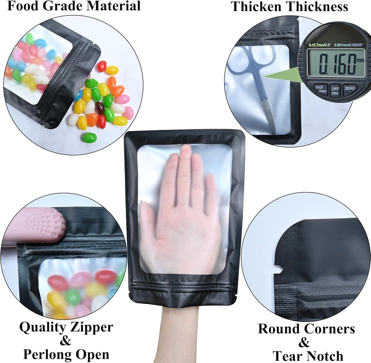 Resealable Mylar Pouch Pen Bags Great for Office Home Party Favor Food Storage Cookies Sample Jewelry Snack (100PCS, Black Color, 6.3 x 9.5 inch)