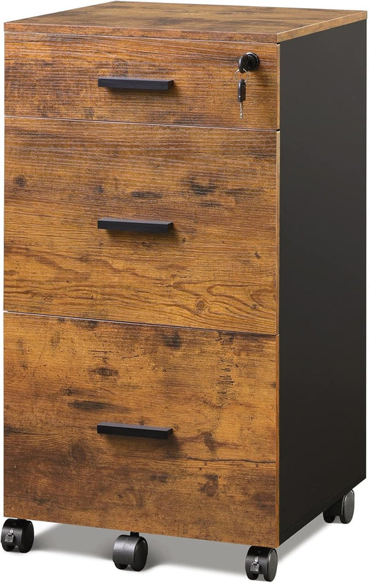DEVAISE 3 Drawer Rolling File Cabinet with Lock, Wood Filing Cabinet fits Letter / A4 Size for Home Office, Rustic Brown