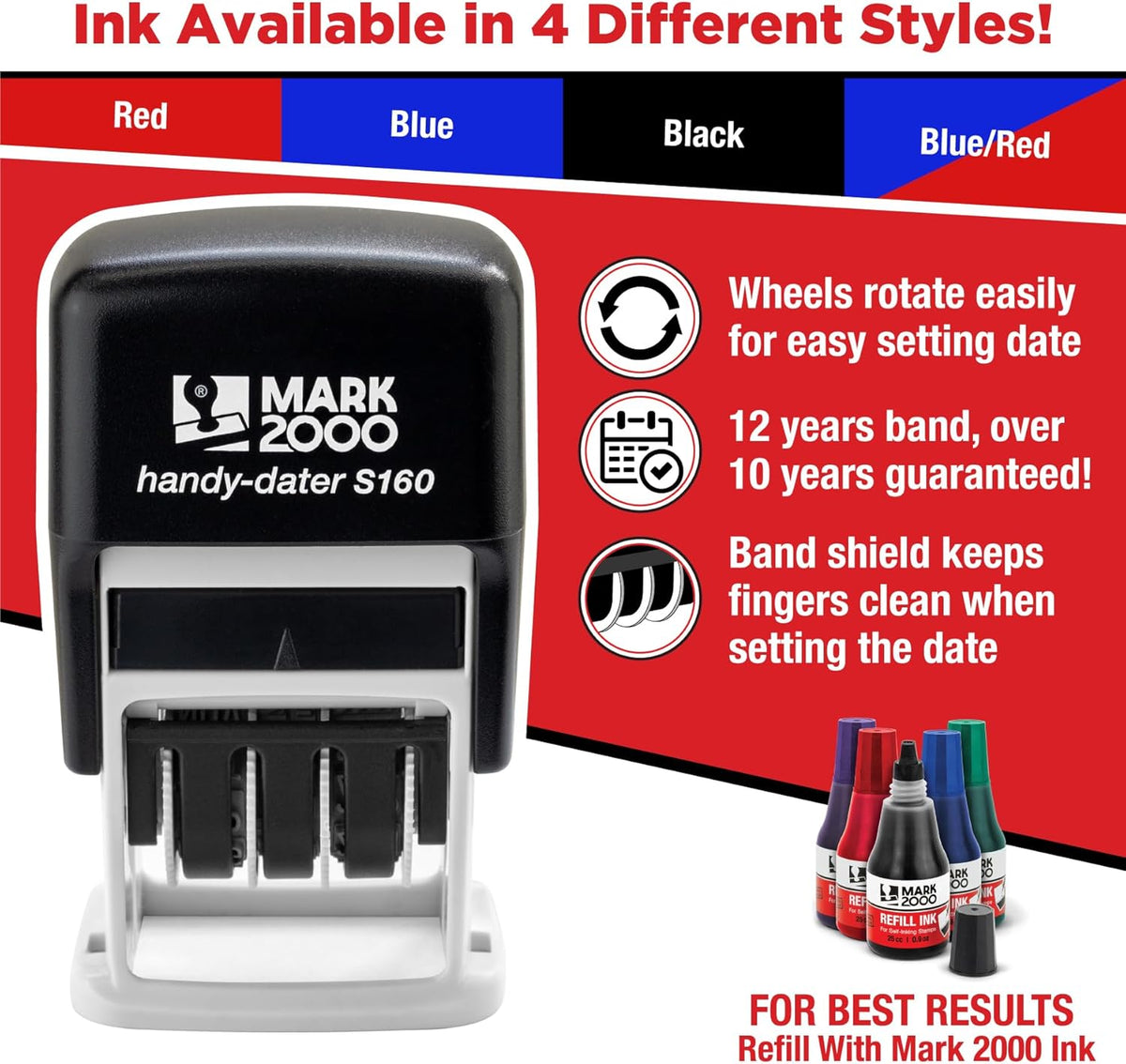 Mark 2000 Self-Inking Rubber Date Office Stamp with E-Mailed Phrase & Date - Red Ink (Handy-Dater S160), 12-Year Band