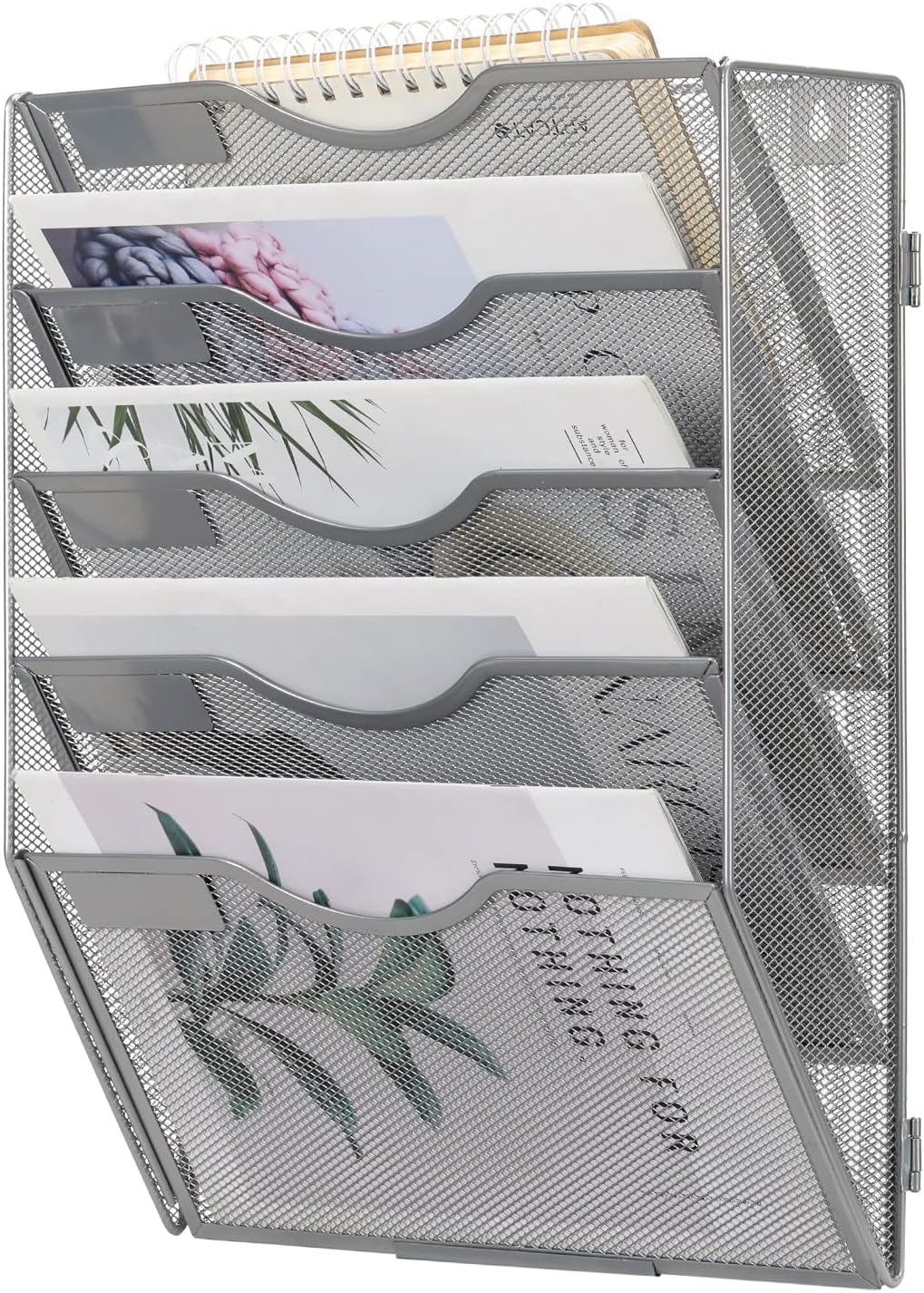 EasyPAG Wall File Holder Organizer 5 Pocket Mesh Hanging Wall Mounted Document Paper Folder Filing Magazine Rack with Nametag Label for Office Home School, Sliver