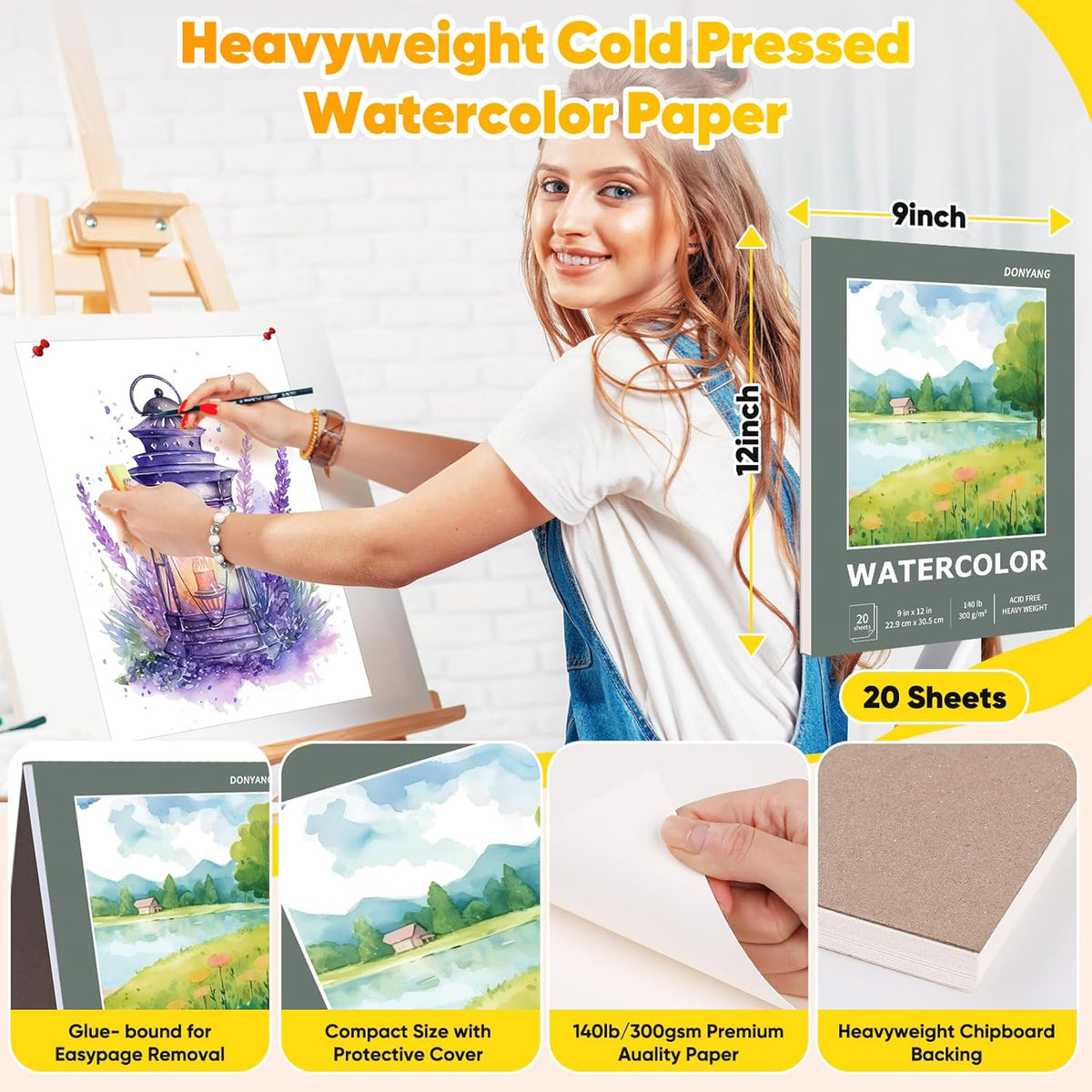 Watercolor Paper Pad, 9"x12" Water Color Paper, 140lb/300gsm Artist Painting Drawing Paper Book, Art Supplies for Adults, Watercolors, Watercolor Paint Set, Sketchbook, Journal, Green