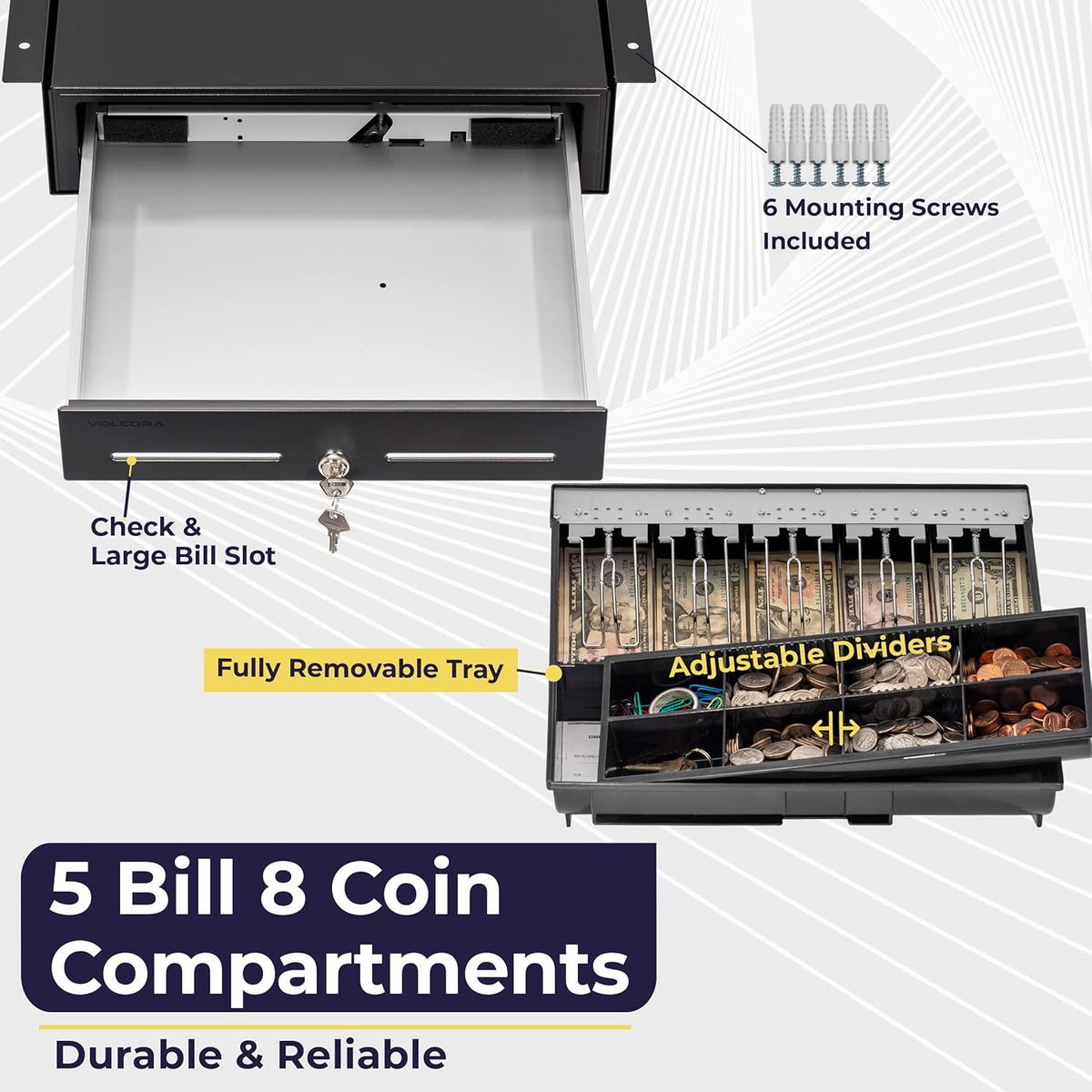 Volcora Cash Register Drawer with Under Counter Mounting Bracket - 16" Black Drawer for POS, 5 Bill 8 Coin Compartment, Fully Removable 2 Tier Cash Tray, 24V RJ11/RJ12 Key-Lock, Double Media Slot