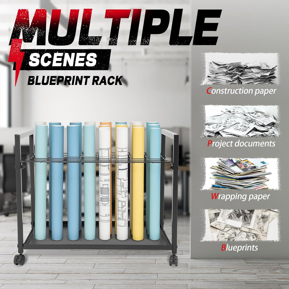 Blueprint Storage Rack 48 Slots Portable Architectural Plan Organizer with Wheels Blueprint File Storage Organizer Map Poster and Drawings Display Rack for Home, Office, School