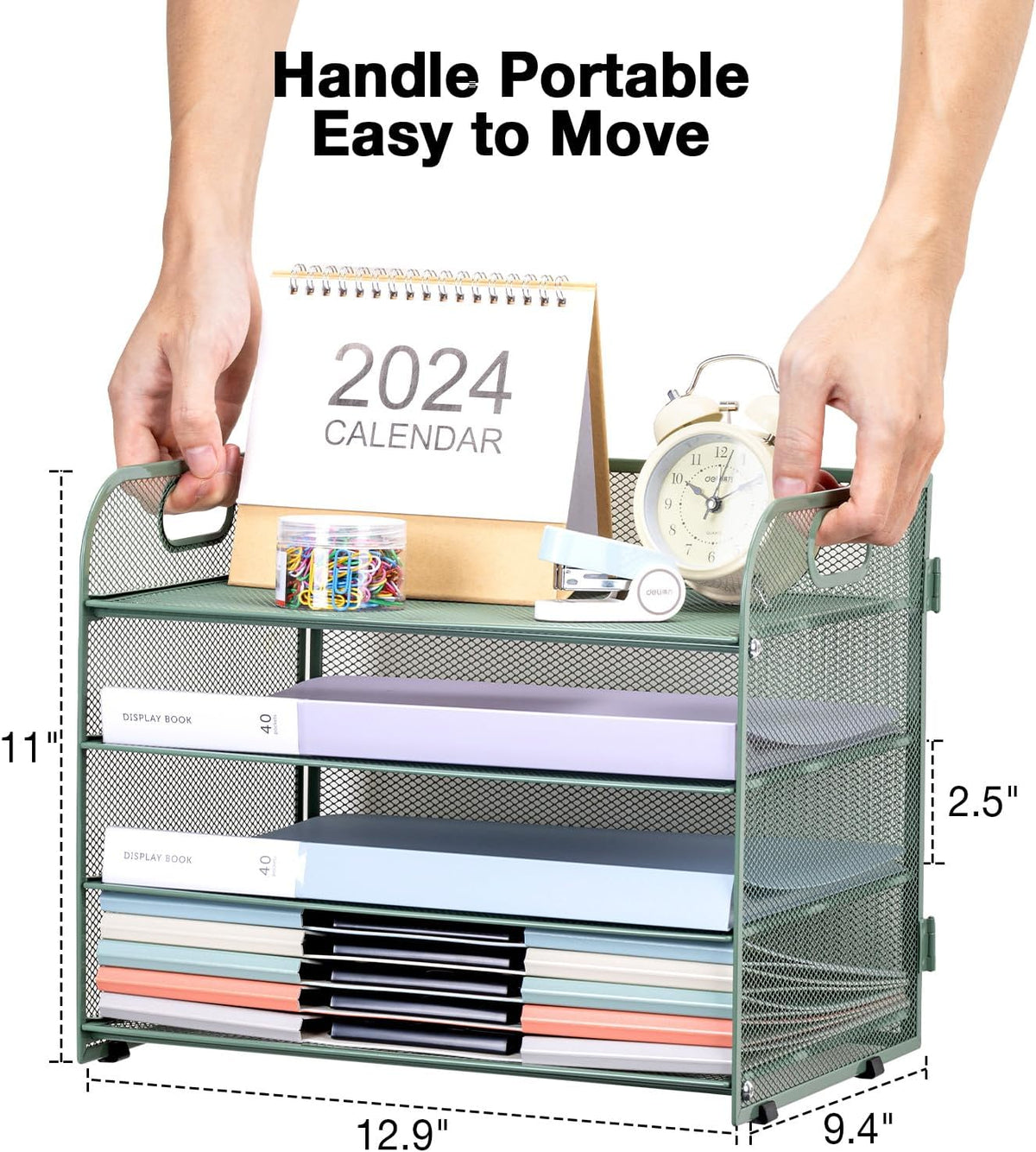 Green Mesh Letter Tray Paper Organizer with Handle - 4-Tier Desk Organizer for Office Supplies