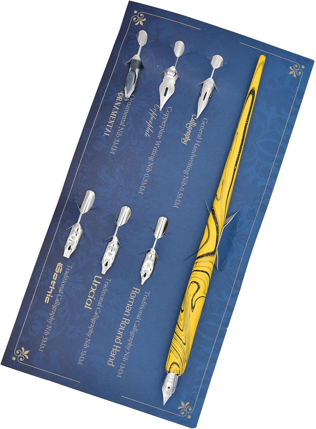 Gullor Wooden Dip Pen Calligraphy Set with Black Ink & 6 Nibs for Beginners, Kids, Writing, Signatures and Drawing, Yellow