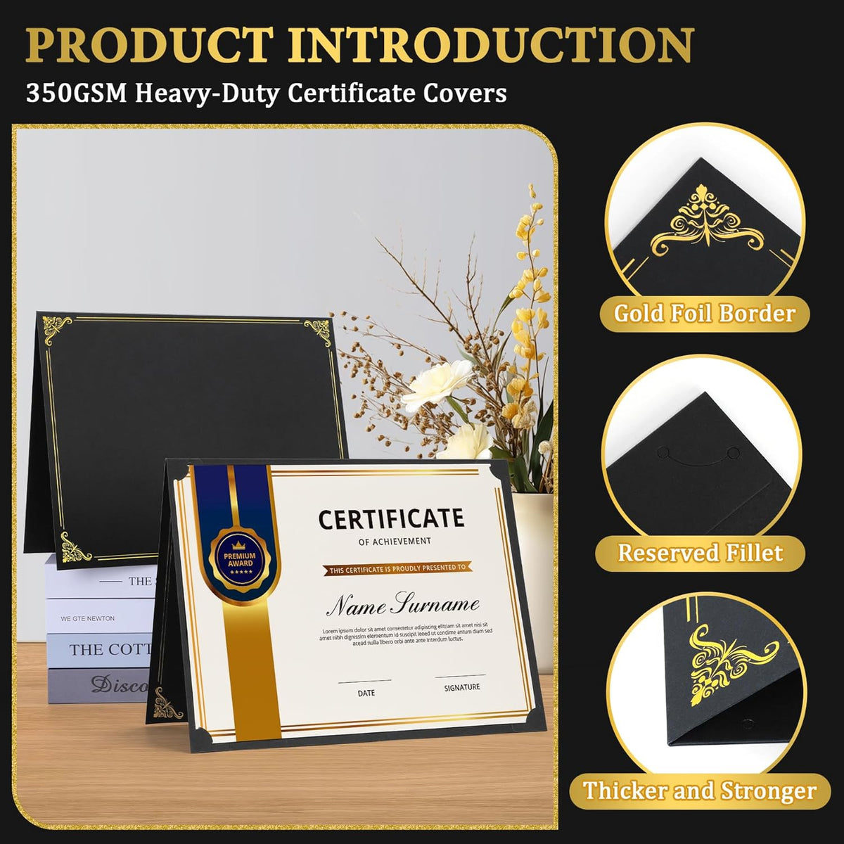 Ndsox 90 Packs Black Certificate Holders, Graduation Diploma Holders, 350GSM, Diploma Covers with Gold Foil Border for Letter Size 8.5" x 11" Award Certificate Paper, Cardstocks and Documents