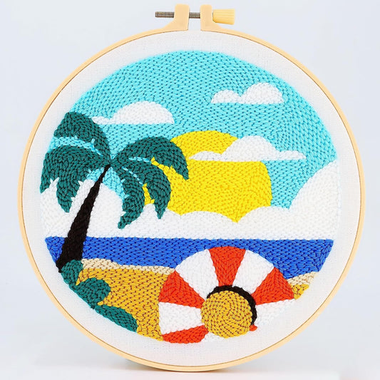 ILYUFO Punch Needle Kits Adults Beginner DIY Dreamy Beach Style 8 in Hoop Embroidery Set Starter Punch Needle Tool for Art Crafts, Ideal for All Ages, Perfect Festival Decoration & Gift (Swim)