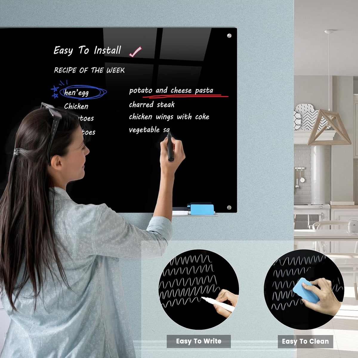 Magnetic Glass Writeboard 72"x48" Premium Tempered Dry Erase Boards Wall Mounted Frameless Whiteboard Bulletin Message Boards (Black)