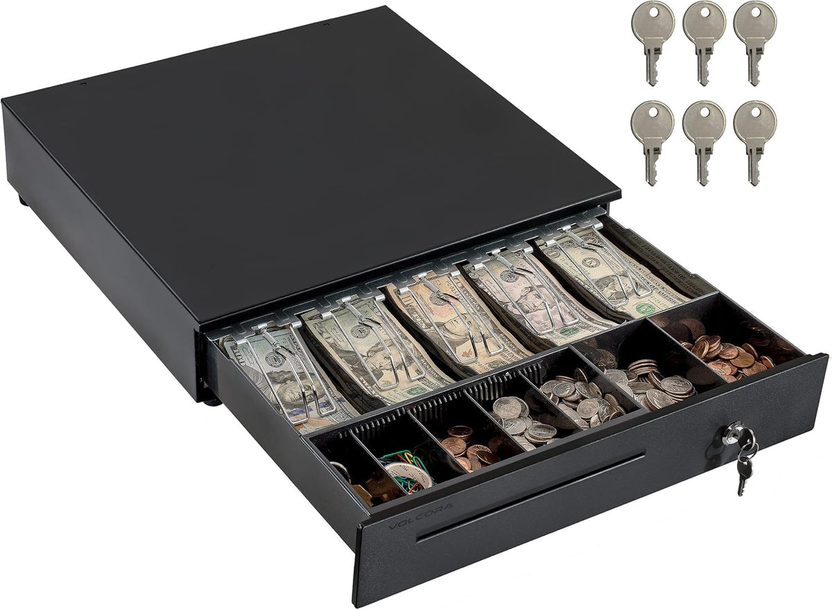 Volcora Cash Register Drawer for Point of Sale (POS) System, 5 Bill/7 Coin, 16" with Adjustable Coin Slots, 24V, RJ11/RJ12 Key-Lock, Media Slot, Black