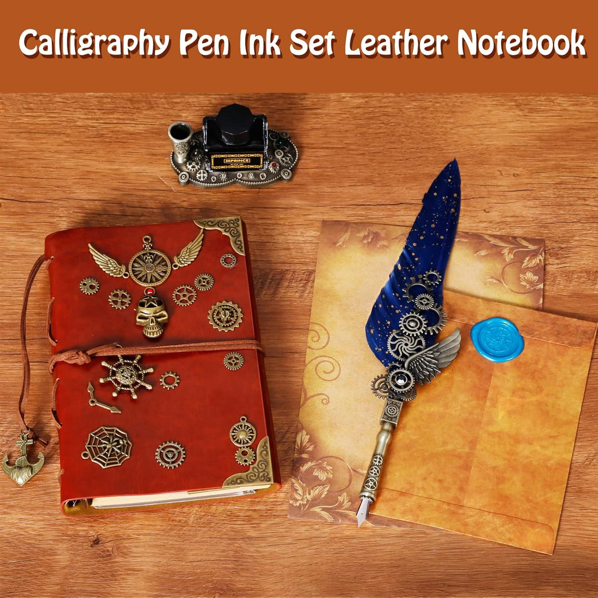 Aifeiter Quill Pen Ink Set Leather notebook With Quill Pen,Notebook,5 Replaceable Nibs,Seal Stamp,Spoon,Wax Beads,White Wax,Ink,Pen Holder,Cup,Envelope,Letter Paper,Envelope Tool(blue)