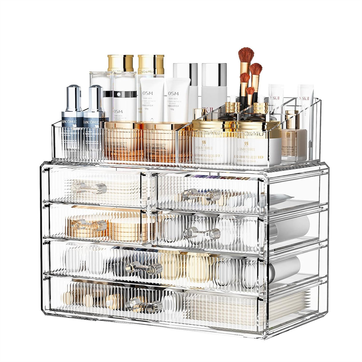 ZHIAI Stackable Storage Drawers, Acrylic Bathroom Counter Organizer Clear Makeup Organizers for Vanity, Kitchen Cabinets, Bathroom, Undersink, Home Organization and Storage (1 Top 6 Drawers)