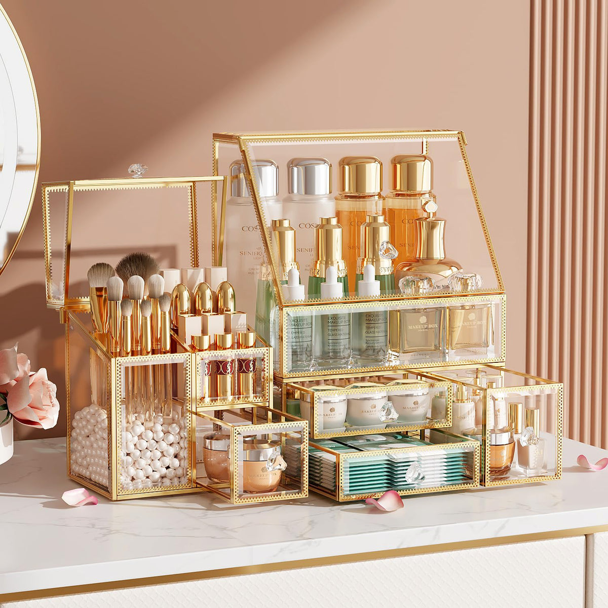 Clear Makeup Organizer with Gold Frame – Countertop Vanity Organizer for Skincare, Lipsticks, Perfume & Brushes – Bathroom Cosmetic Storage Display Box