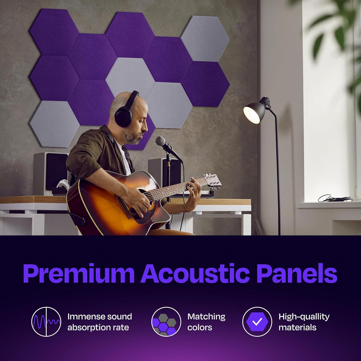 Acoustic Panels 12-Pack Soundproof Wall Panels 14"X12.1"X0.4" Sound Panels High Density Sound Dampening Panels - [Midnight Purple Hexagon]
