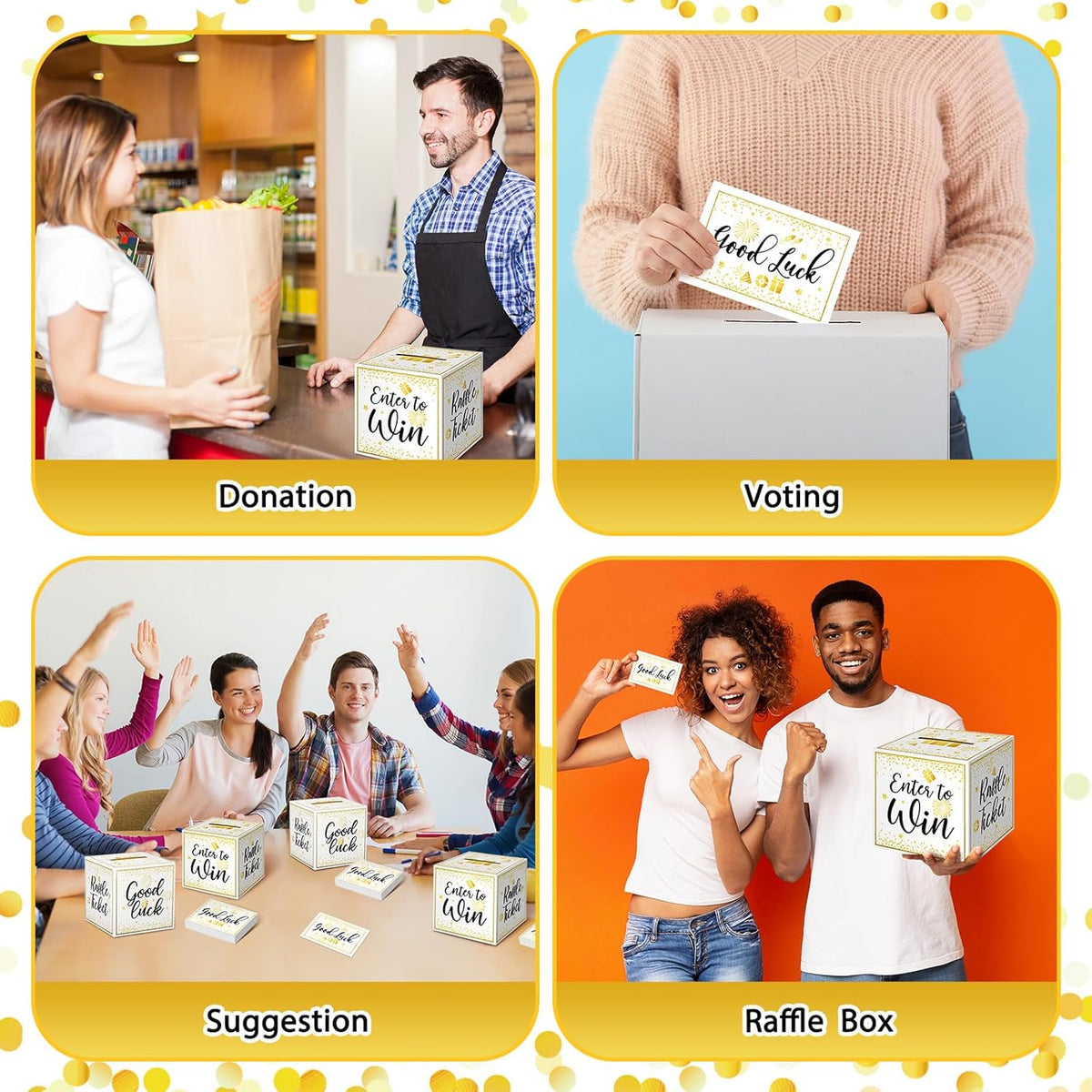 Colarr Raffle Box Gold Brass Donation Box Ballot Safe Suggestion with Raffle Tickets Cards Ballot with Slot Collection Voting Bowl Holder Gifts (3 Pack)