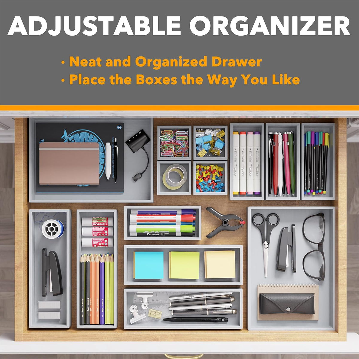 SpaceAid 14-Piece Bamboo Drawer Organizer Storage Boxes Set, Wood Tray Junk Drawer Organizers Multi-Use Divider Bins for Kitchen, Bathroom, Office Desk and Makeup Organization (14 Pack, Gray)