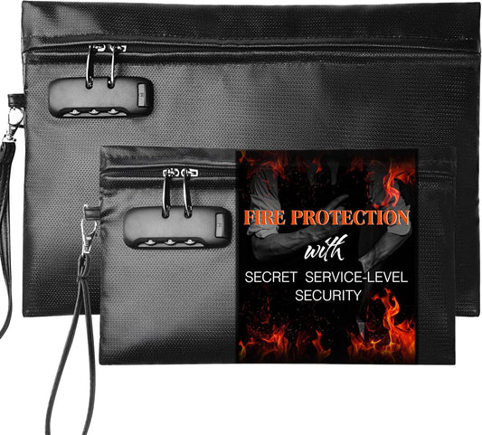 Fireproof Document Bag Set with Lock, 2 Pcs Money Box for Cash & Passport, 6200°F Fire Proof Bag for Documents 14"x9.8" & 10.6" x 6.7", Fireproof Document Safe, Waterproof Money Bags Pouch with Zipper