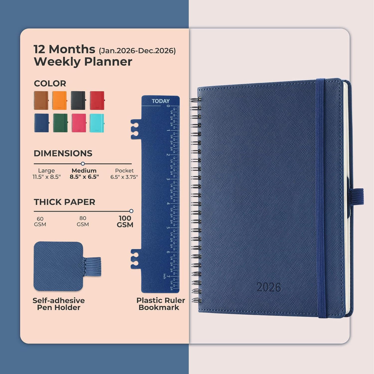 Planner 2026 Daily Weekly and Monthly,8.5"x6.5",12 Months Spiral Bound Calendar Agenda with Self-adhesive Pen Holder,2026 Appointment Book with Vegan Leather Soft Cover,Blue