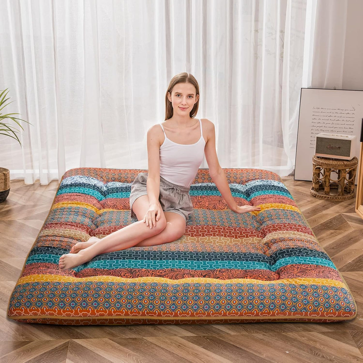 MAXYOYO Bohemian Vintage Floral Japanese Futon Mattress - Roll Up Tatami Floor Mat, Foldable Bed, Portable Camping Mattress, Sleeping Pad, Floor Lounger, Couch Bed - King Size