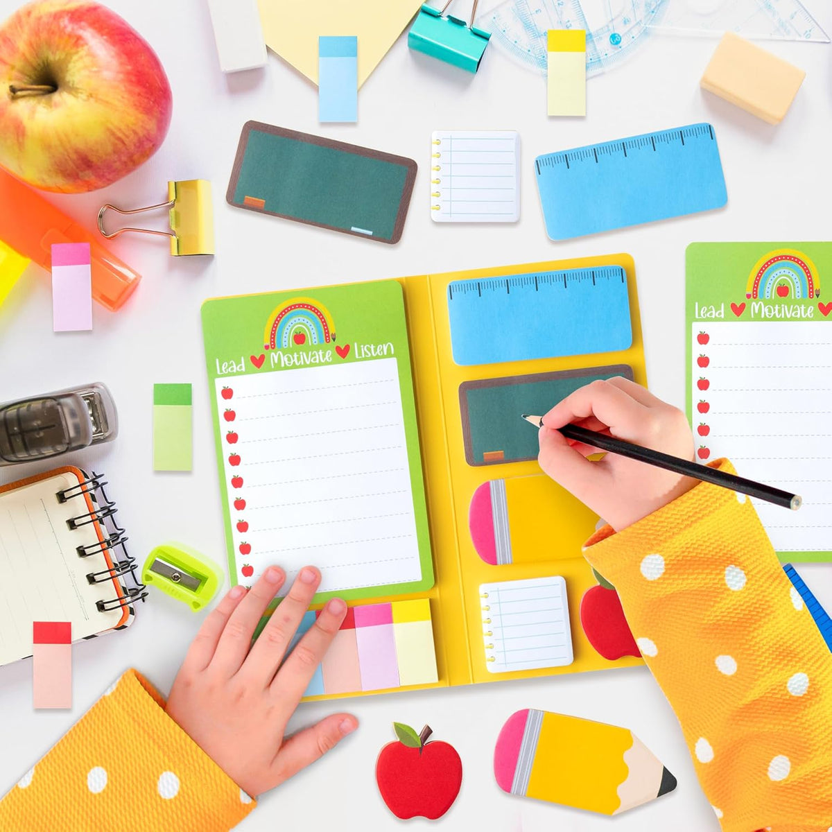 Xqumoi Teacher Themed Sticky Notes Set - Blackboard Pencil Apple Shape Self-Stick Note Pads Teacher Appreciation Gift Writing Memo Pads Page Marker Back to School Office Supplies, 550 Sheets (Yellow)