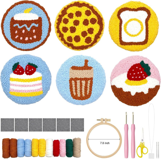 Punch Needle Kit for Adults Beginners, 6-Piece Cute Desserts Punch Coaster Starter Kit – Easy Embroidery Stitch Craft Set with Instructions – Fun Needle Point Tufting for Table Decor & Festival Gifts
