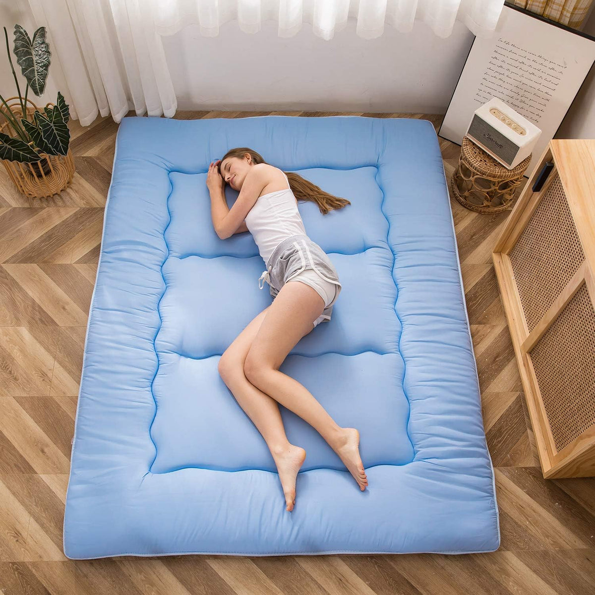 MAXYOYO Japanese Floor Mattress Futon Mattress, Thicken Sleeping Pad Foldable Roll Up Floor Futon for Adults Tatami Mat Dormitory Bed Lounger, Dusty Blue, Full Size