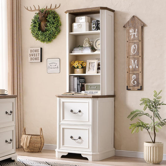 T4TREAM 6-Tier Bookcase with 2 File Drawers, 72" Tall Farmhouse Bookshelf with Storage & Adjustable Shelves, Wooden Floor Standing Display Book Shelf Organizer for Home Office, Antique White