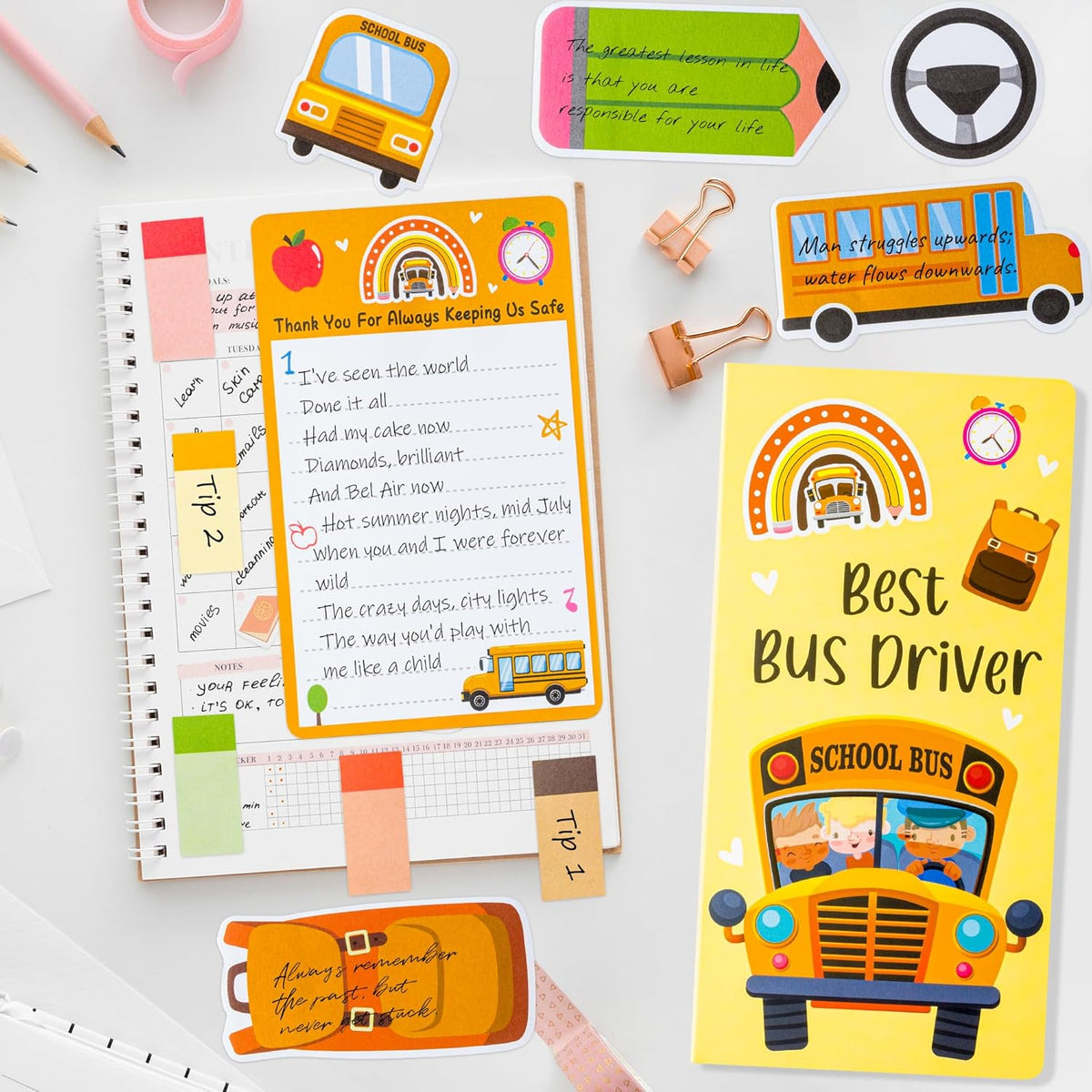 Xqumoi Best Bus Driver Sticky Notes Set - School Bus Pencil Shaped Self-Stick Note Pads Teacher Appreciation Thank You Gift Writing Memo Pad Page Marker Back to School Office Party Favors Supplies