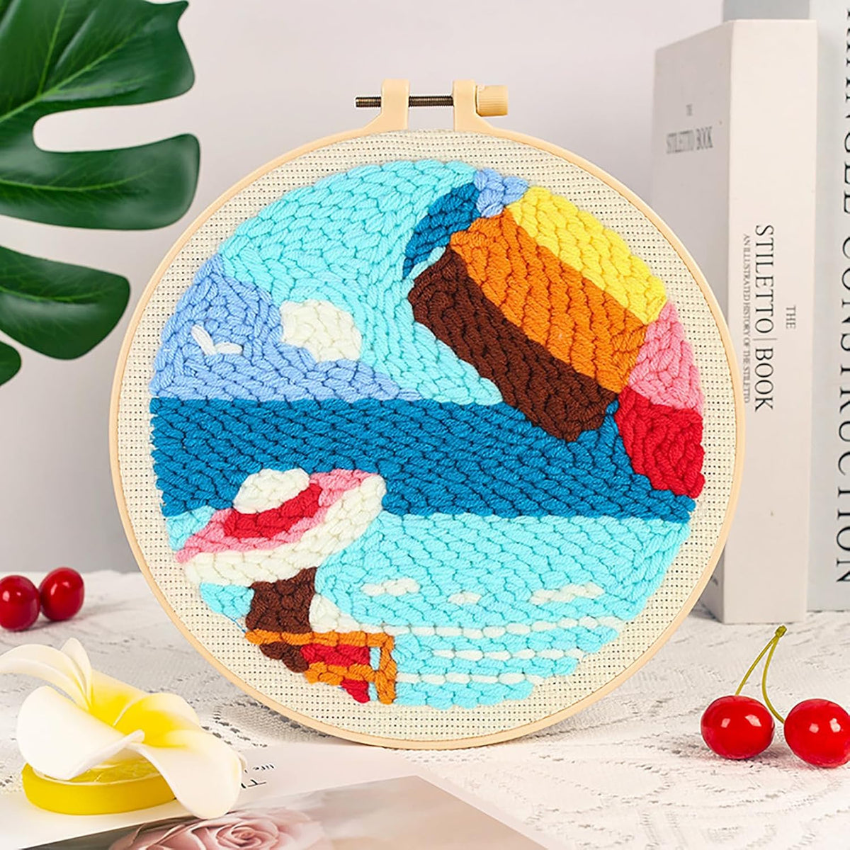 Punch Needle Kits Adults Beginner DIY Hawaiian Style 8 in Hoop Embroidery Set Starter Punch Needle Tool for Art Crafts, Ideal for All Ages, Perfect Festival Decoration & Gift (Sky and Water)