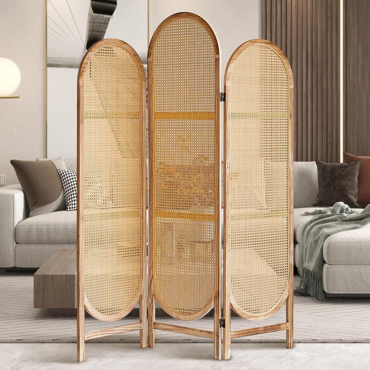 Room Divider Panel, 3 Panel Roomdivider Wall, Wood Room Dividers and Folding Privacy Screens, Rattan Partition Room Dividers, Privacy Dividers for Rooms, Bedroom, Dining Room, Light Brown