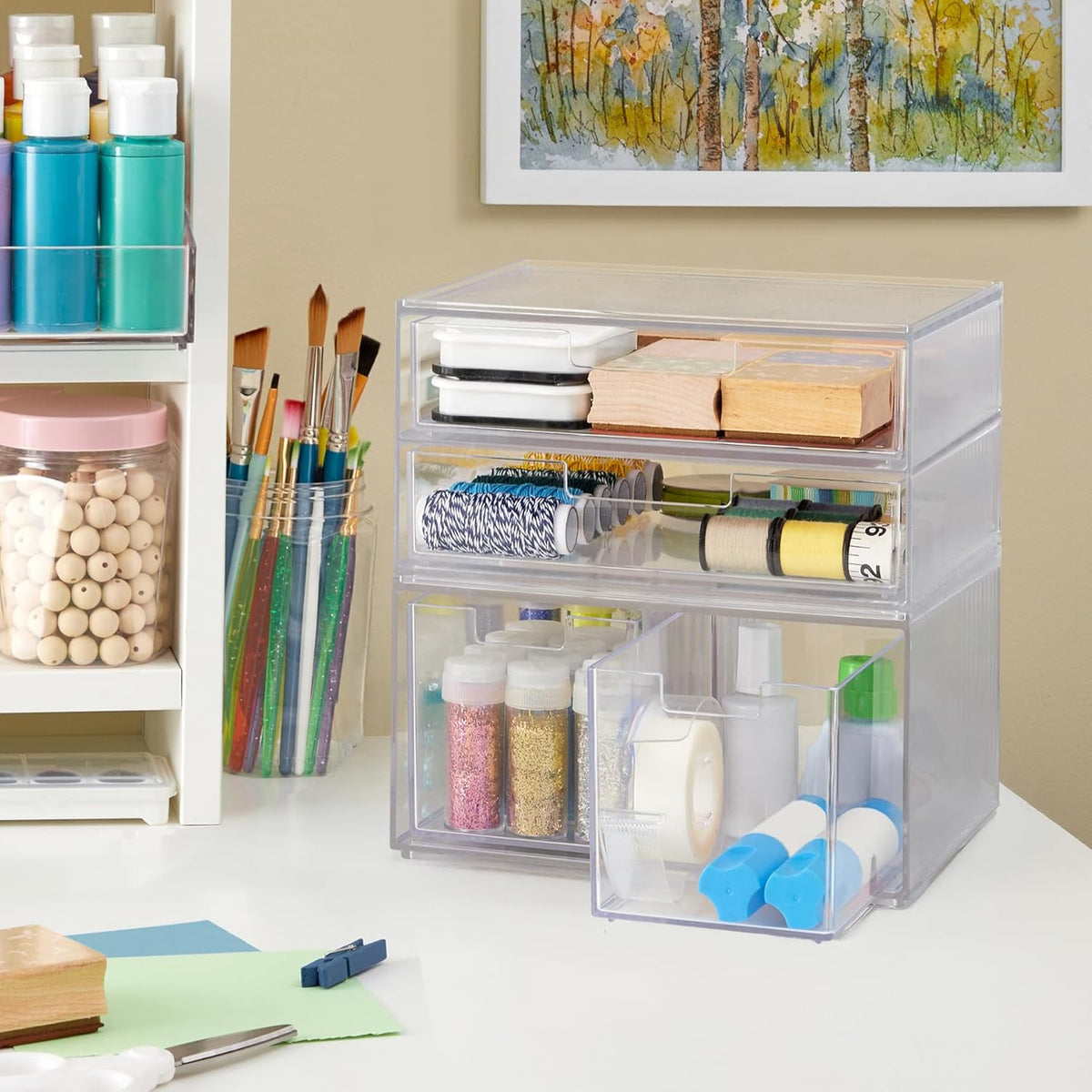 STORi Chloe Space-Saving Clear Drawer Organizer (4 Drawer Set) Sort Office, Kitchen, Beauty Supplies, Makeup, Pens, Jewelry, Stationary, Made in USA