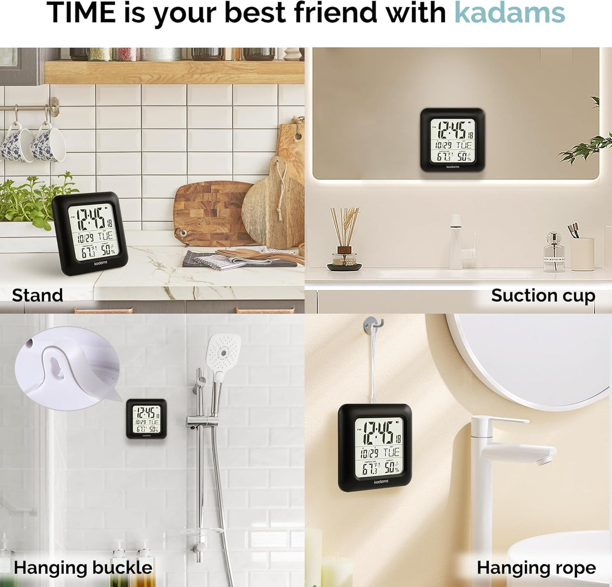 KADAMS Bathroom Clock 9.5" Kitchen Wall Clock with Large LCD Screen – Shower Clock with Suction Cup,Temperature, Humidity, Calendar – Water-Resistant, 4 Mounting Options, Black