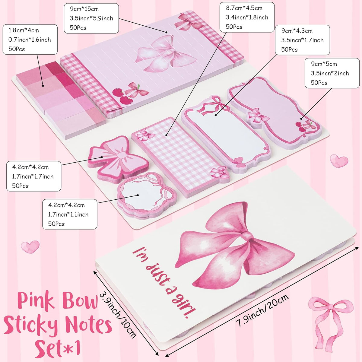 Xqumoi Coquette Pink Bow Sticky Notes Set - I’m Just A Girl Self-Stick Note Pads Bowknot Notepads Writing Memo Pad Page Marker Bookmarker Preppy Girly Stuff Back to School Office Supplies Gift