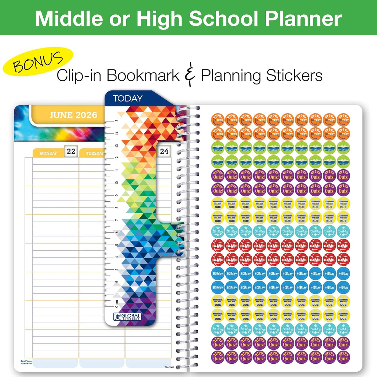 Global Datebooks Dated Middle School or High School Student Planner for Academic Year 2025-2026 Includes Ruler/Bookmark and Planning Stickers (Matrix Style - 5.5"x8.5" - Slant)