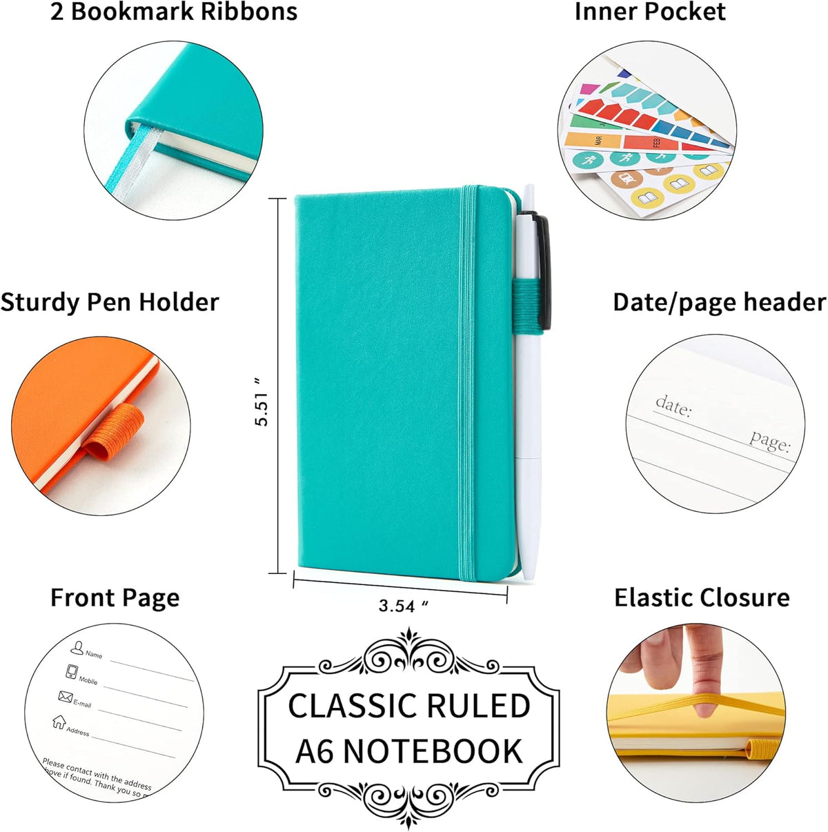 feela Pocket Notebook Journals, Mini Cute Small Hardcover College Ruled Notepad Office School Supplies, with 3 Black Pens, 3.5”x 5.5”, 3 Pack, A6, Solid Colors, Yellow, Orange, Emerald