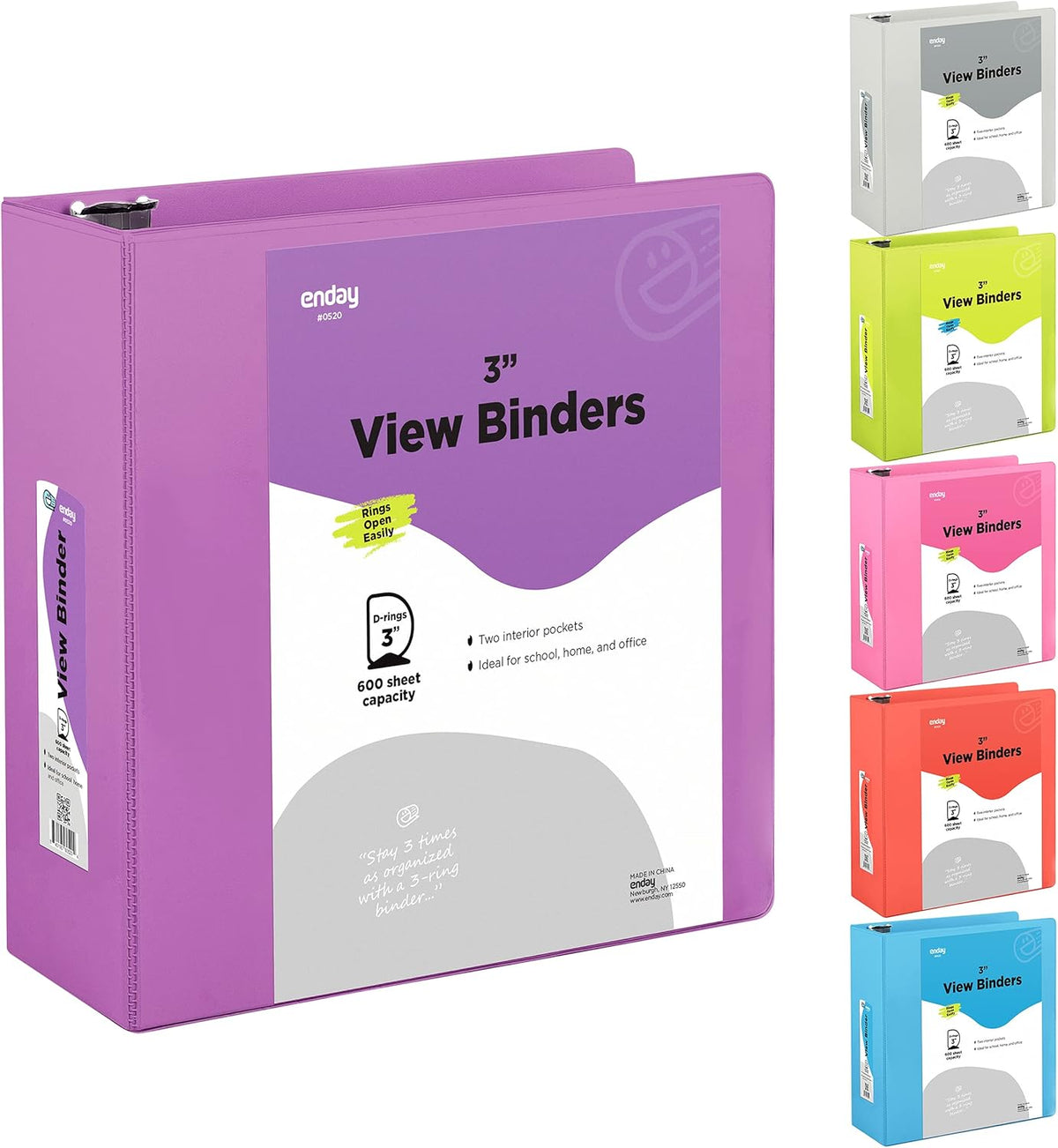 3 Slant D-Ring Binder 3 Inch Purple, 3 in Clear View Cover with 2 Inside Pockets Binder, Heavy Duty Colored School Supplies Binders,Also Available in Green, Grey, Red, Blue, Pink (24 PC) – by Enday