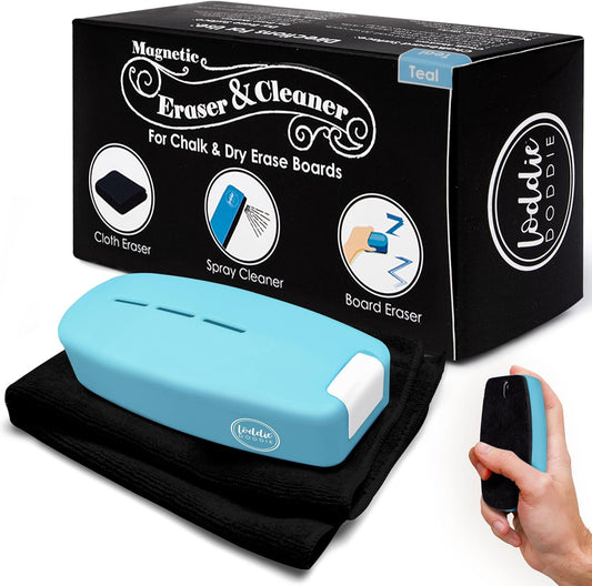 Loddie Doddie 2-in-1 Magnetic Whiteboard Eraser & Chalkboard Eraser with Dry Erase Cleaning Spray (Teal) - Whiteboard Cleaner - Dry Erase Board Cleaner