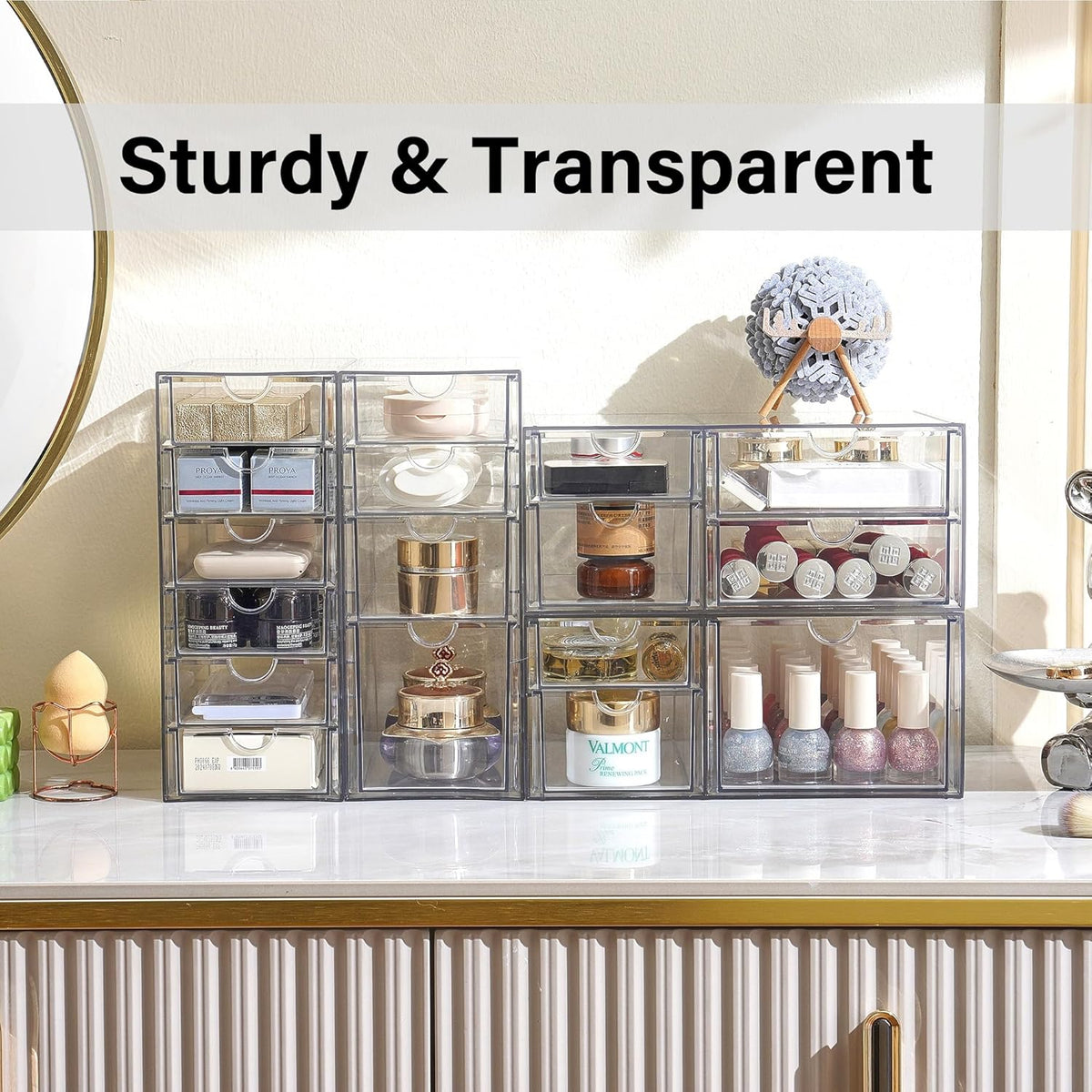 Prsildan Acrylic Drawer Organizer with 17 Drawers, Craft Office Desk Makeup Organizers Accessories, Set of 4 Clear Stackable Storage Drawers for Vanity, Countertop, Jewelry, Art Supply Organization