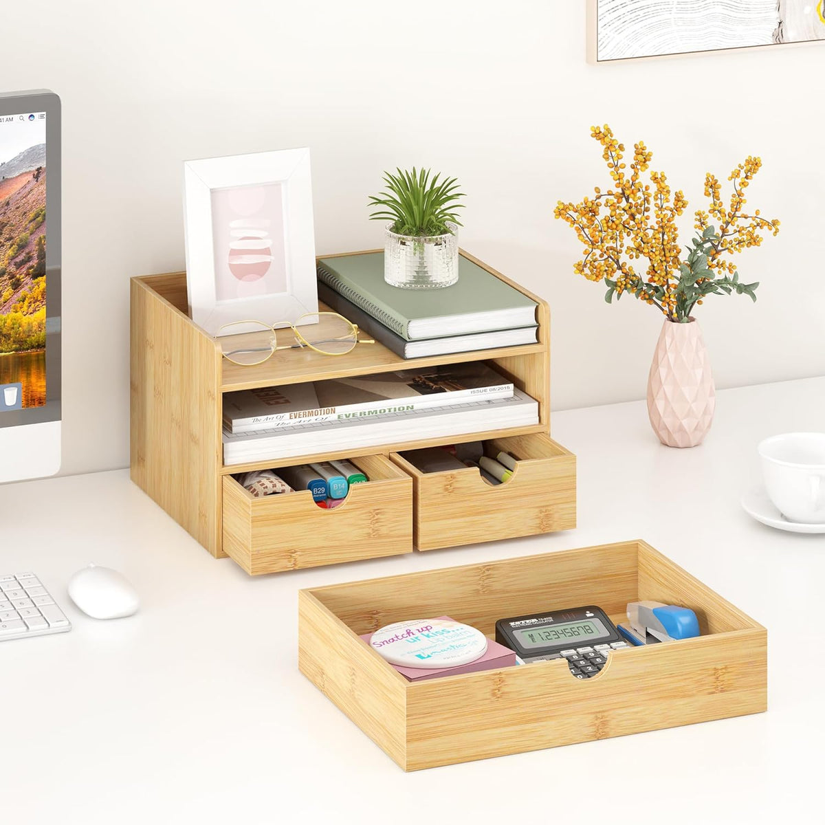 Desk Organizer with Drawers - Bamboo Desktop Organizer Storage | Wood Desk Drawers Organizer for Bills, Office Supplies, Cosmetics, Seals No Assembly Required