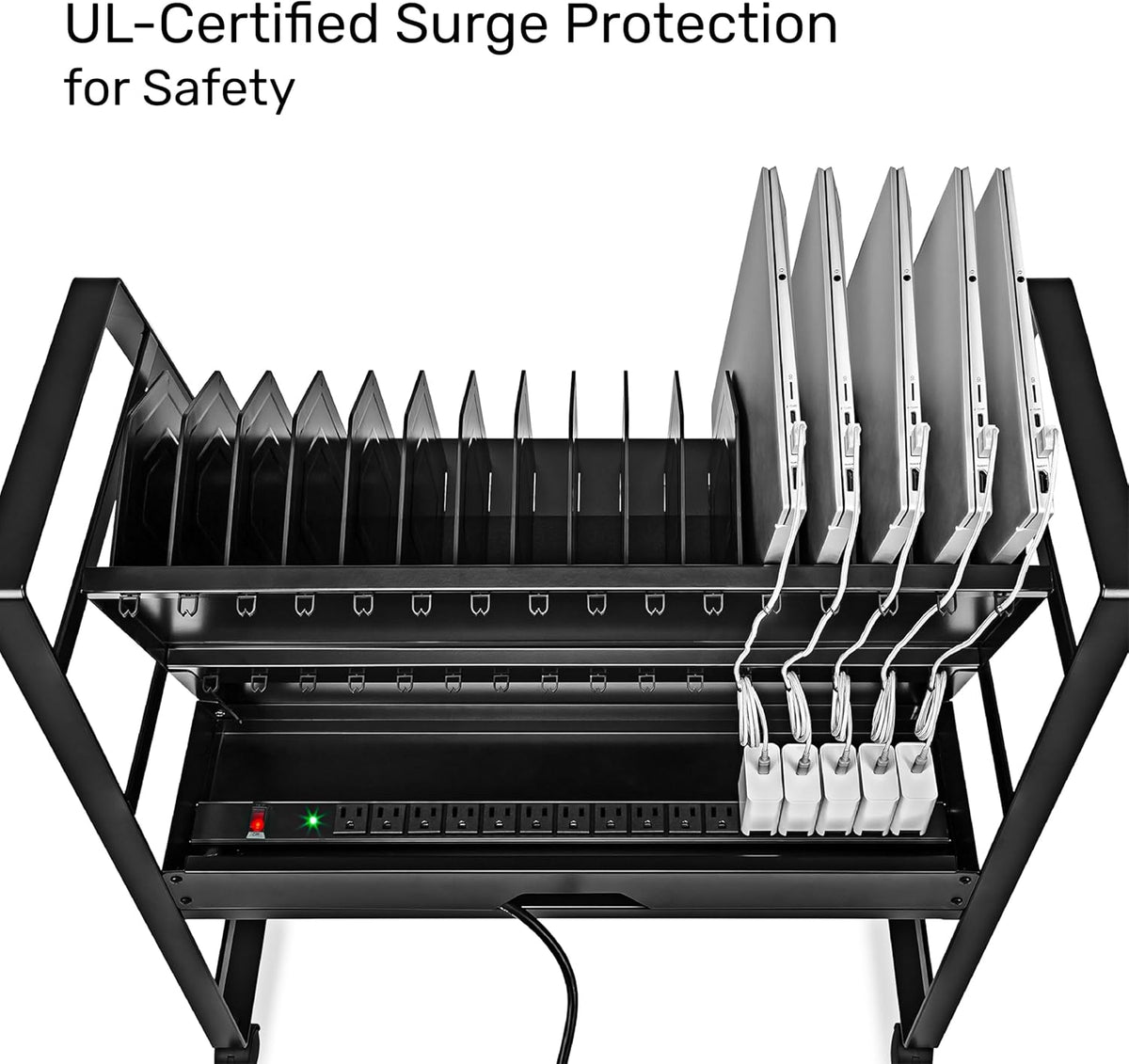 Line Leader 16-Device Mobile Charging Station | Steel Rolling Cart for Laptops, Tablets, & Chromebooks | Open Design with Dividers & UL-Certified Surge Protection | Portable Charging Stand (Black)