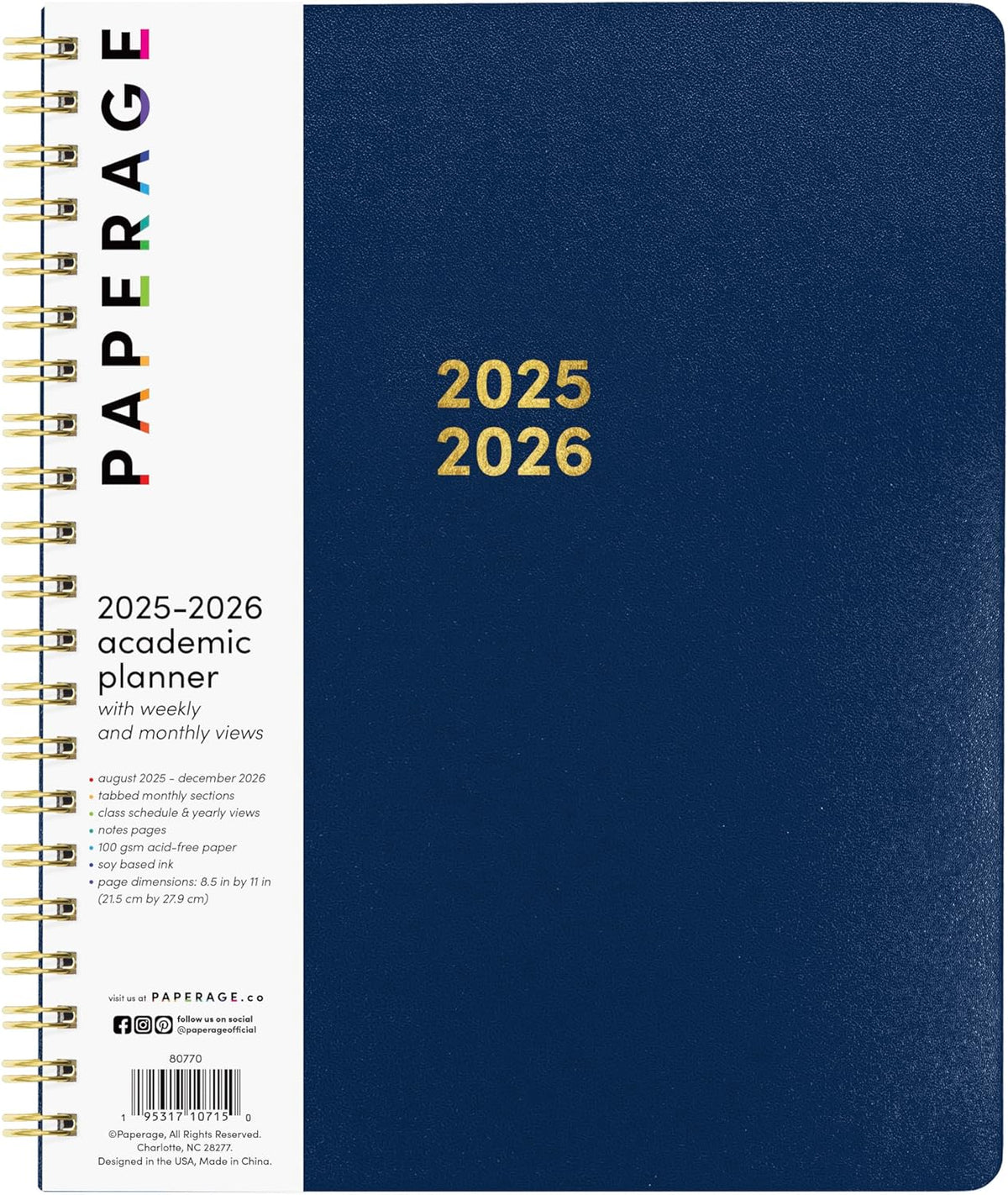 PAPERAGE 17 Month Academic Planner 2025-2026, Weekly & Monthly Spreads, August 2025 - December 2026, Large (8.5 in x 11 in), Royal Blue