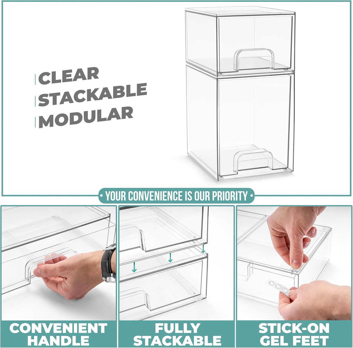 Sorbus Acrylic Storage Containers - 2 Pack, Stackable Storage Bins Set for Bathroom Organization - Clear Acrylic Drawer Organizers - Makeup Case Pull-Out Drawers (7.6’’ and 4.4’’ Tall)
