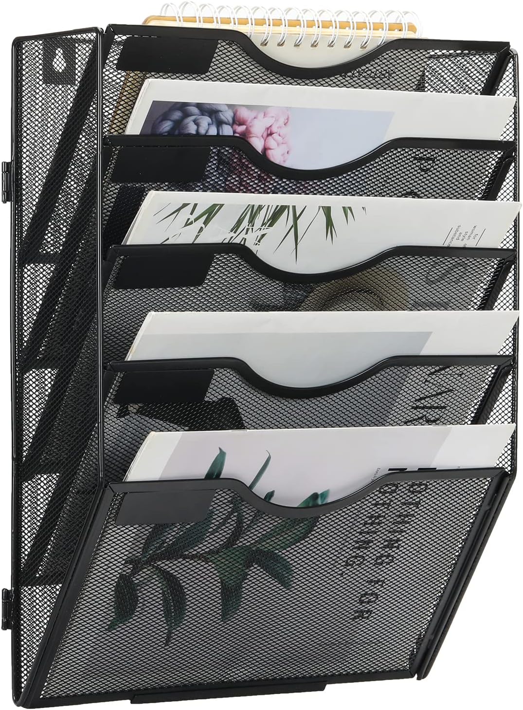 EasyPAG Wall File Holder Organizer 5 Pocket Mesh Hanging Wall Mounted Document Paper Folder Filing Magazine Rack with Nametag Label for Office Home School, Black