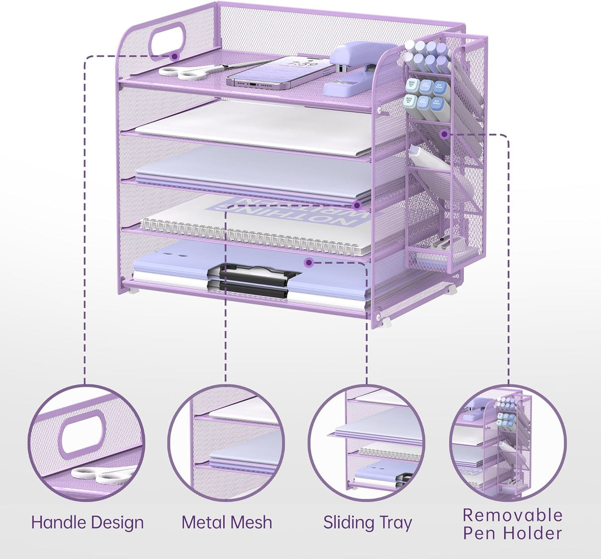 SUPEASY 5 Tier Desk Organizer with Handle & Removable Pen Holders, Mesh Paper/File Organizer for Desk, Paper Letter Tray Organizer for Office Supplies (Purple)