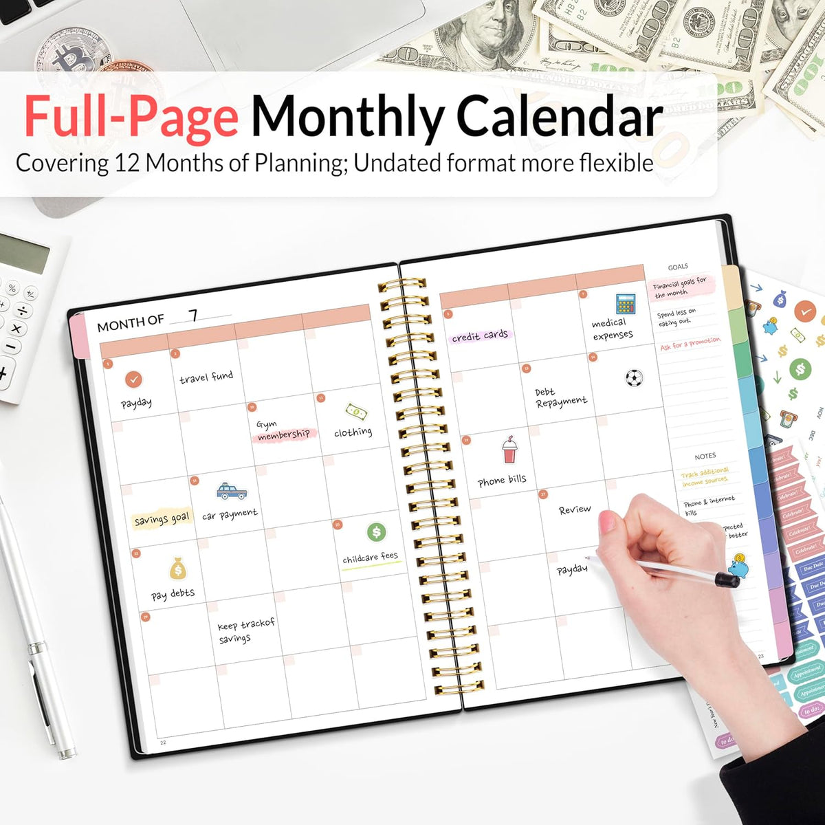 SUNEE Budget Planner - Monthly Budget Book with Expense Tracker Notebook, Undated 12 Month Bill Organizer & Finance Planner to Manage Your Money, A5(6.4" x 8.3") Account Book with Colorful Tab, Black