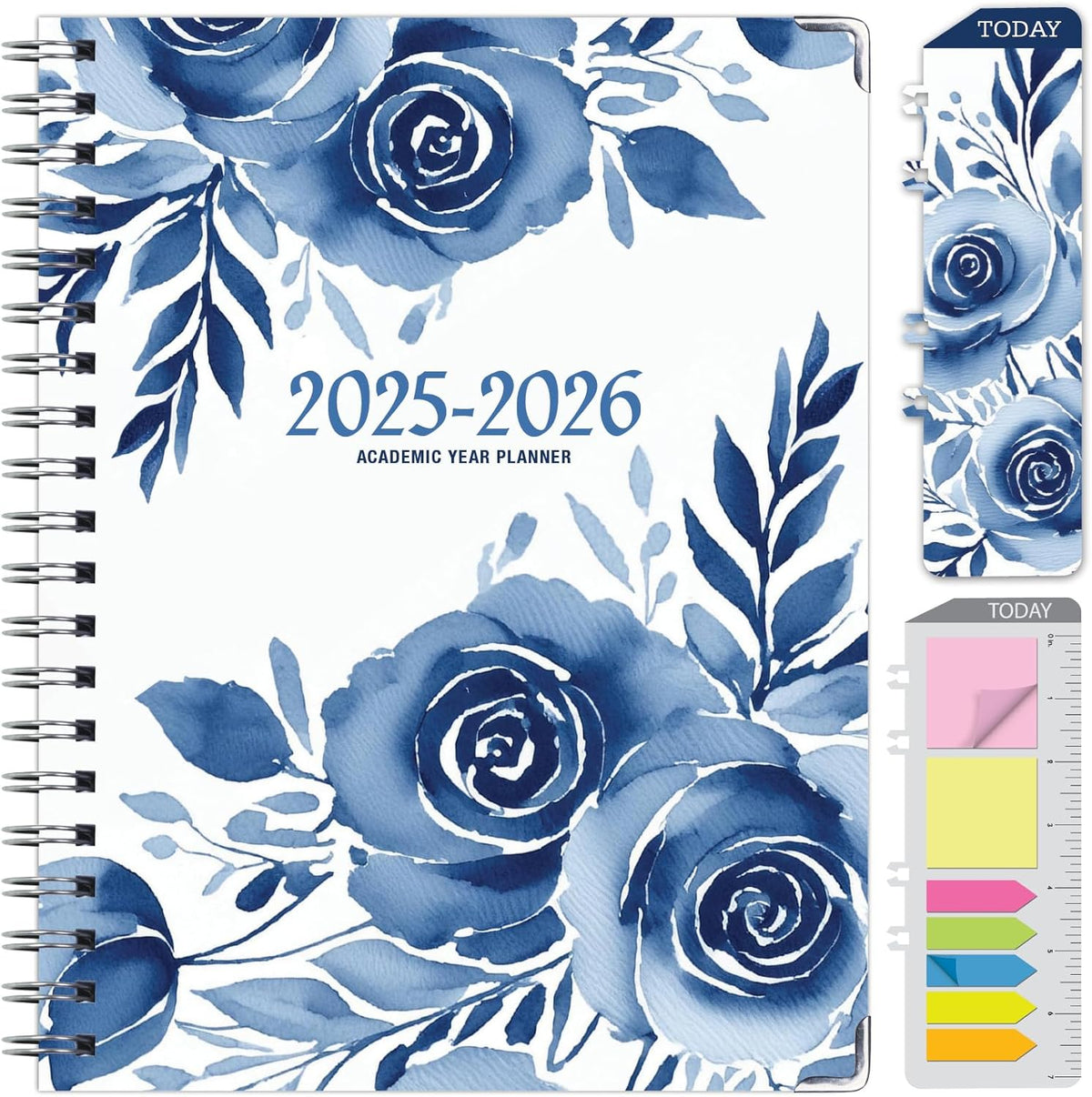 HARDCOVER Academic Year 2025-2026 Planner: (June 2025 Through July 2026) 8.5"x11" Daily Weekly Monthly Planner Yearly Agenda. Bookmark, Pocket Folder and Sticky Note Set (Blue Bloom)