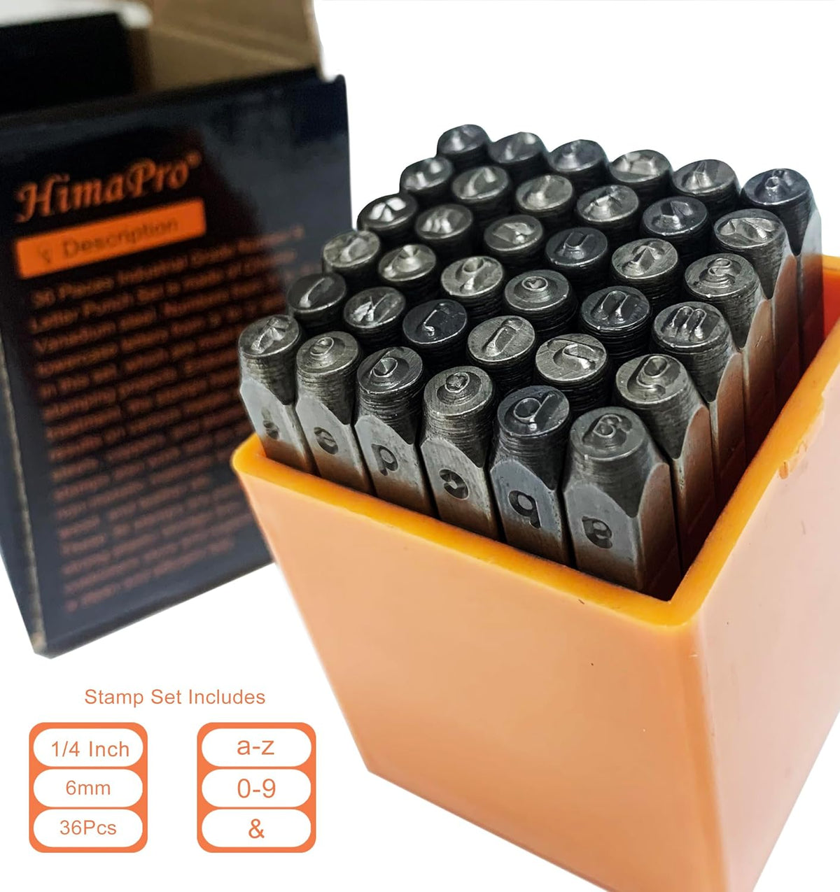 HimaPro Letter & Number Stamp Set(36 pcs Industrial Grade Lower case 'a'-'z' & '0'-'9') in a Plastic Square-Shaped Box (6mm 1/4 Inch)